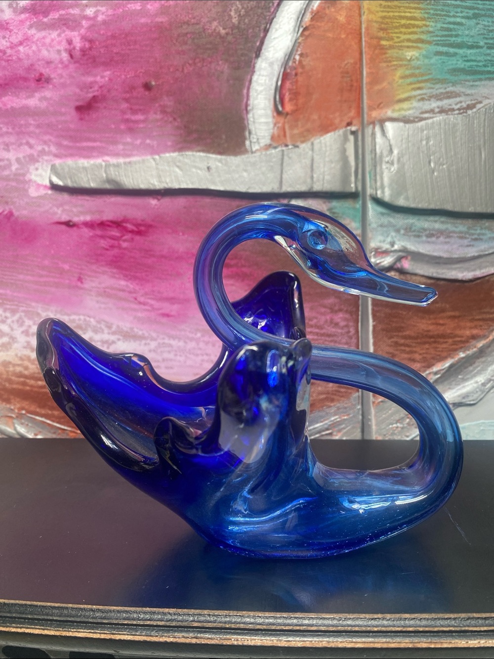 🍇 Vintage Hand Blown Glass Swan Candy Ring Dish Dark Blue